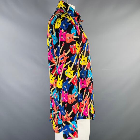 BILLIONAIRE COUTURE Size XL Black Multi Color Guitars Silk Long Sleeve Shirt - Picture 3 of 5